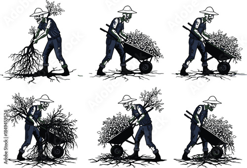 six different style illustration and white background depicting zombie gardener pushing wheelbarrow full of branches and roots, creepy undead farmer working in spooky garden