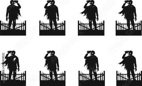 six different style illustration and white background depicting zombie silhouette looking through binoculars behind fence, eerie undead watcher concept, horror surveillance vector art