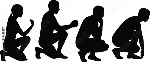 PrintSilhouettes of four diverse individuals kneeling and squatting in various poses, symbolizing contemplation, prayer, exhaustion, readiness, and deep mental focus isolated on white.