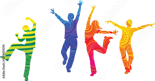 Silhouettes of four diverse, happy people jumping and dancing in dynamic, colorful, patterned bodies, symbolizing creative freedom, joy, music, and abstract energy vectors.