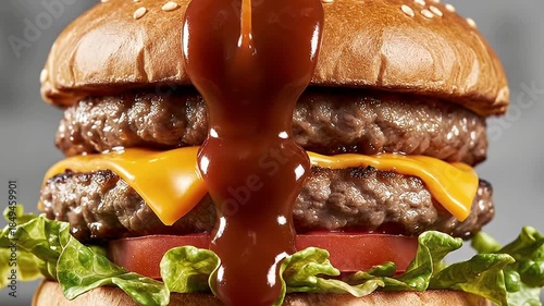 Witness the tantalizing appeal of a gourmet-style double cheeseburger in an extreme close-up, as a rich, thick red sauce dramatically cascades down its layers. The perfectly grilled, juicy meat pattie