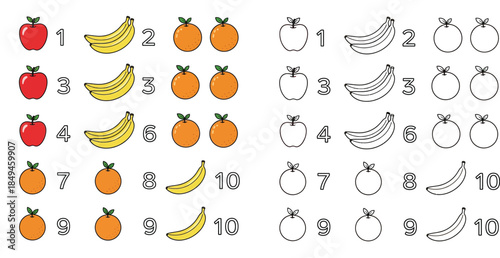 Educational fruit counting vector set with numbers and coloring book outline for kids math learning and worksheet design.