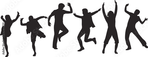 WebSilhouettes of six diverse, happy people running, jumping, and celebrating with arms raised, symbolizing joy, freedom, success, and high-energy victory