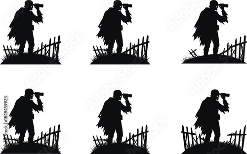 six different style illustration and white background showing silhouette explorer with binoculars on hill beside broken fence, adventure lookout observation concept vector design