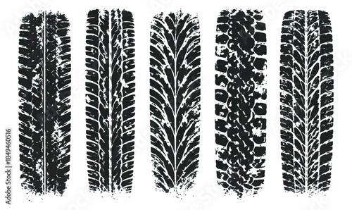 Five vertical black tire tread imprints isolated on white background, grunge automotive texture pattern, abstract wheel track marks.
