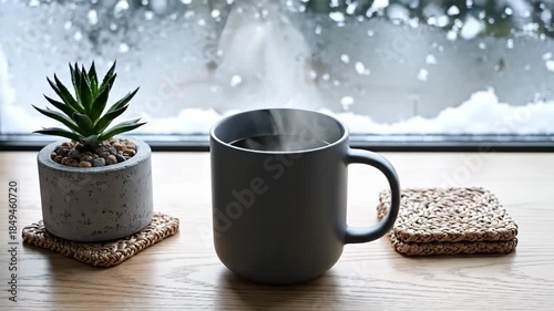 Relaxing Winter Scene: Steaming Hot Drink and Plant by a Frosty Window