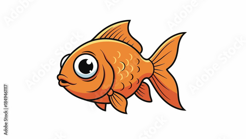 A charming illustration of a cute, cartoon goldfish with big, expressive eyes and fins spread wide, swimming in clear water, ideal for children's media