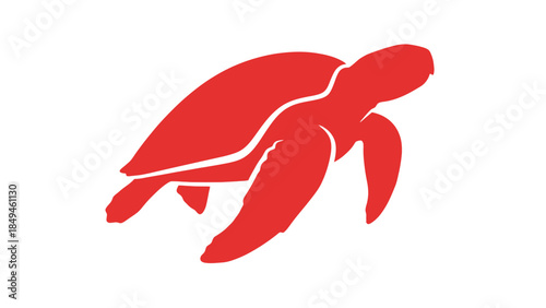 A minimalist red silhouette of a turtle swimming across a white background, representing a simplified aquatic creature in motion