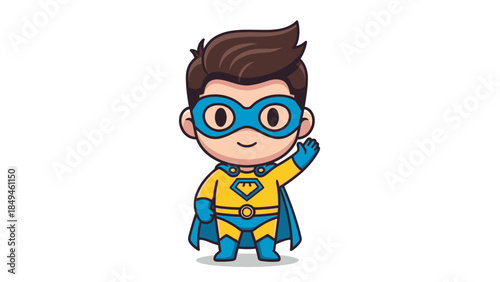 Illustration of a cute cartoon superhero character with blue and yellow costume, mask, and cape waving hello, representing bravery and heroism