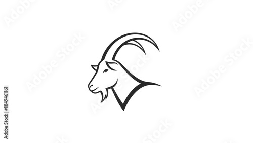A minimalist black and white illustration of a goat's head facing left, featuring prominent horns and a beard, against a clean background