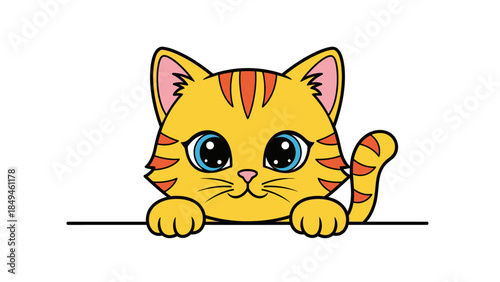 Cute cartoon orange tabby kitten peeking over a white ledge with big blue eyes and striped fur
