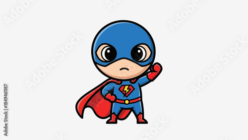 Cute superhero character in a blue costume with a red cape standing confidently with a raised fist, symbolizing power and courage in a playful cartoon style