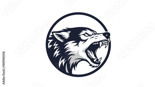 Fierce Wolf Head Emblem with Open Mouth and Sharp Teeth, Symbolizing Power and Wildness