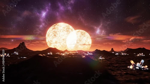 Glowing Twin Suns Over an Extraterrestrial Crystal Landscape in a Galactic Environment