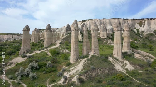 Love Valley drone aerial view exploring unique fairy chimney rock formations in Cappadocia, Turkey