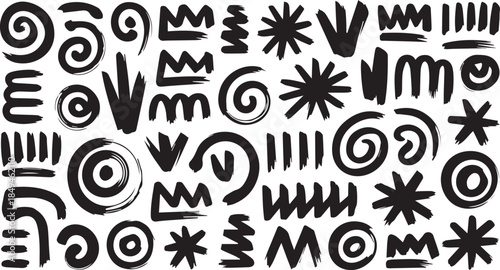 Abstract Brushstroke Symbol Set – Spirals, Zigzags, Stars, Circles, and Waves for Expressive Design and Texture