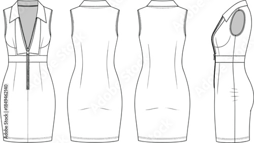 Vector technical sketch of sleeveless bodycon dress with collar and zipper, fashion flat drawing template including front, back, and side views.