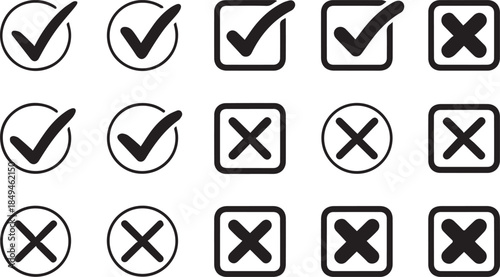 Check & X Mark Icon Set – 15 Selection Symbols in Circles and Squares for UI, Forms, and Feedback Design