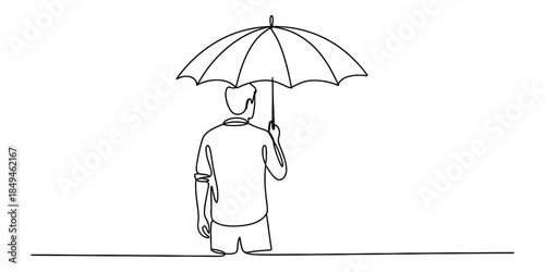 Single line art illustration of a person standing from behind and holding an open umbrella Vector, illustration