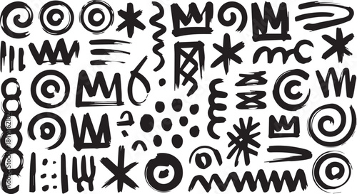 Abstract Brushstroke Symbol Set – Spirals, Zigzags, Stars, Circles, and Waves for Expressive Design and Texture