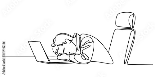 A continuous line drawing of a person sleeping on their laptop at a desk, illustrating work burnout or exhaustion. Vector, illustration