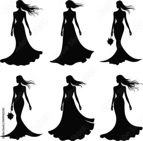 Elegant black silhouettes of women in flowing gowns on a white background