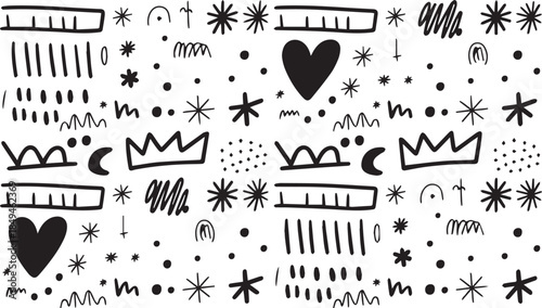 Whimsical Doodle Symbol Set – Stars, Crowns, Hearts, Moons, Clouds, and Abstract Shapes for Creative Design