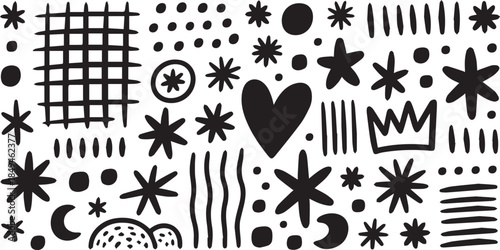 Whimsical Doodle Symbol Set – Stars, Crowns, Hearts, Moons, Clouds, and Abstract Shapes for Creative Design