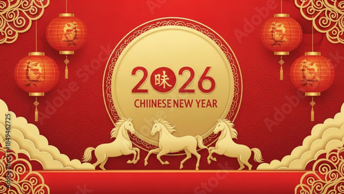 Vibrant 2026 chinese new year celebration graphic with horses and lanterns on red background