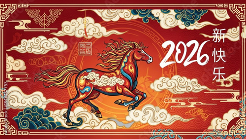 Vibrant horse runs through clouds and smoke with chinese characters and 2026 on red background