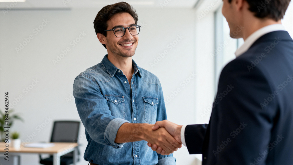 Obraz premium Two men shaking hands in an office