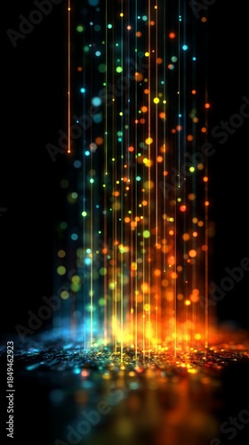 Colorful Laser Beams and Bokeh on Black Abstract Background, Neon Light Streaks for Concert Poster, Club Party, Nightlife Theme Design