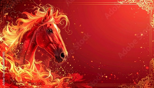 A powerful, fiery horse emerging dynamically with a glowing mane and sparks in a dramatic digital illustration style, set against an intense red background, framed by ornate golden borders.