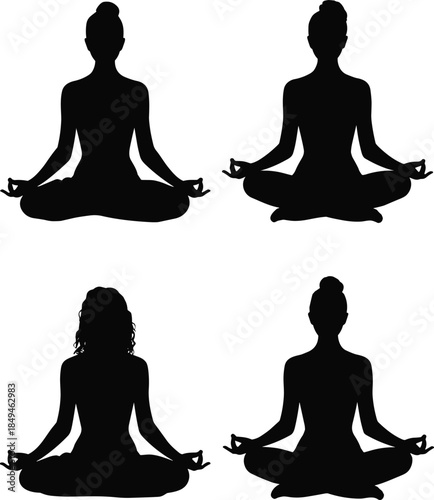 Four silhouettes of women meditating in lotus pose on white background