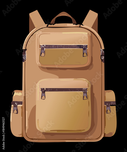 Durable tan hiking backpack with multiple pockets for mountain climbing gear storage and long distance travel trips