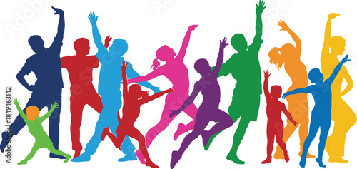 WebVibrant colored silhouettes of six happy children standing, playing, and jumping, with glossy mirrored reflections, symbolizing childhood joy, diversity, and fun activities.