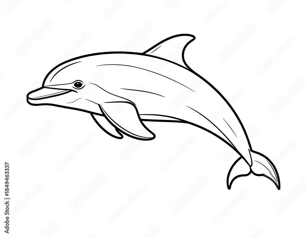 Naklejka premium Black and white illustration of a jumping dolphin, side view, clean lines