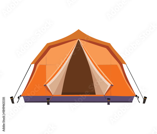 Orange professional hiking tent with sturdy frame for outdoor survival and wilderness camping activities in the mountains