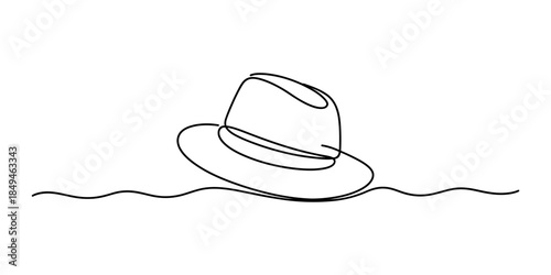 A minimalist one-line drawing of a fedora hat on a wavy surface Vector, illustration
