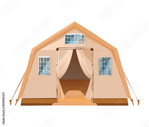 Classic beige safari glamping tent with windows and open entrance for luxury outdoor camping experience in nature