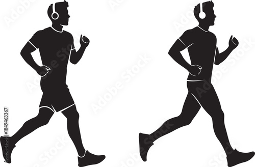 Silhouette of two male runners wearing headphones exercising outdoors for fitness and cardio health