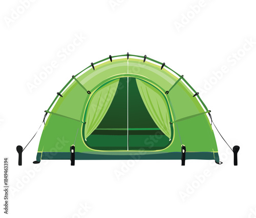 Modern green dome tent for outdoor camping and hiking activities in a natural forest or park setting