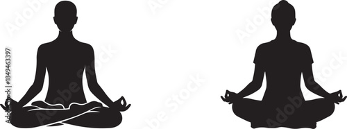Two black silhouettes of people meditating in lotus position representing balance peace and spiritual wellness practices