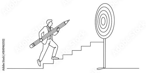Man climbs stairs with large pencil towards a target Vector, illustration
