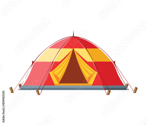 Red and yellow camping tent vector illustration for summer camp and outdoor family adventure gear equipment