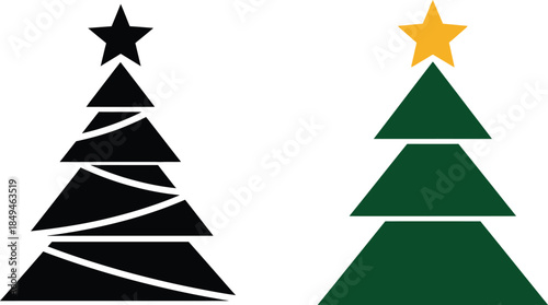 Simple stylized graphic icons of two geometric Christmas trees one black silhouette and one green with star topper