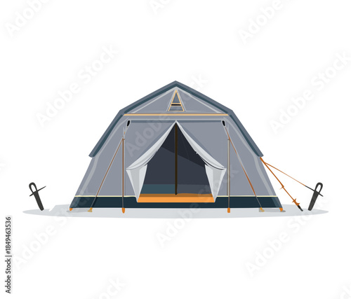 Minimalist grey outdoor camping tent for family holiday and mountain trekking gear equipment vector illustration design