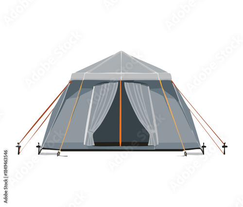 Grey camping tent vector illustration for professional outdoor hiking equipment and mountain adventure travel gear design