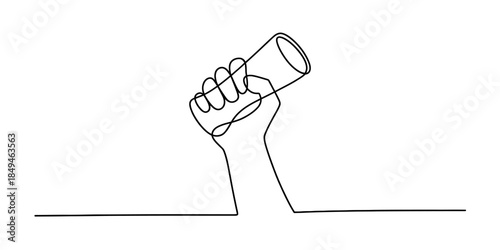 A continuous line art drawing of a raised hand holding a megaphone, symbolizing protest and communication Vector, illustration