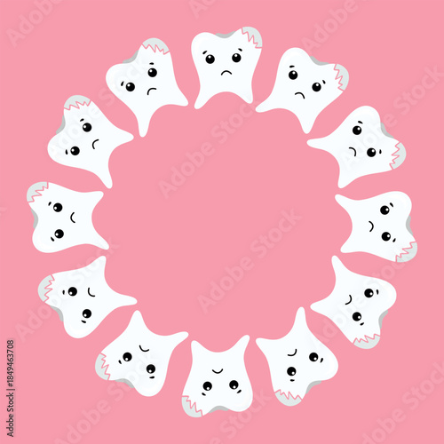 Tooth wreath, dental ring illustration. Cute tooth circle, dental wreath design. Tooth wreath on a pink background, dental mascot frame